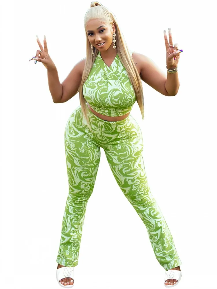 

Two Piece Set Women Green Outfits Sexy Fashion Print Sleeveless Crop Top And Pants Suits Casual Sporty Street Lady Matching Sets