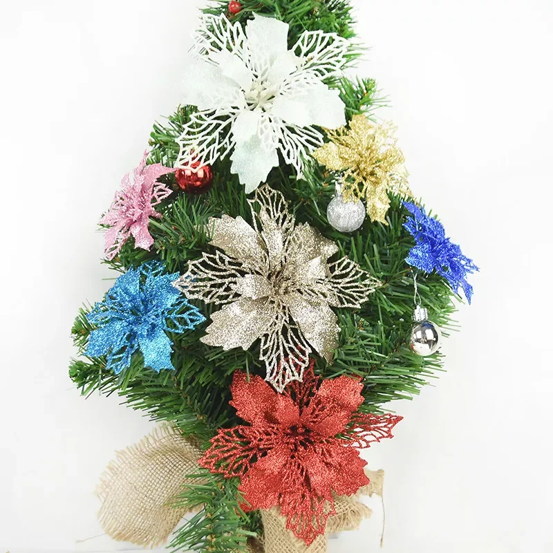 

Glitter Artificial Poinsettia Flower with Berry Wedding New Year Christmas Cherry Flowers Decorations Xmas Tree Ornament
