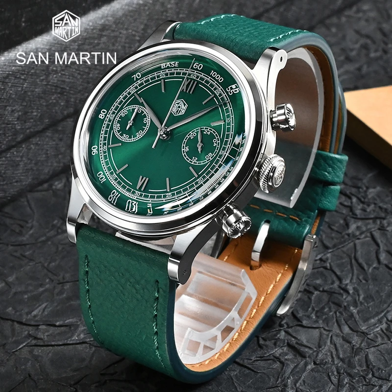 

San Martin 38mm Classic Quartz Chronograph Mens Watches Top Luxury Roman Numeral Dial Leather Strap Sapphire Crystal Wristwatch