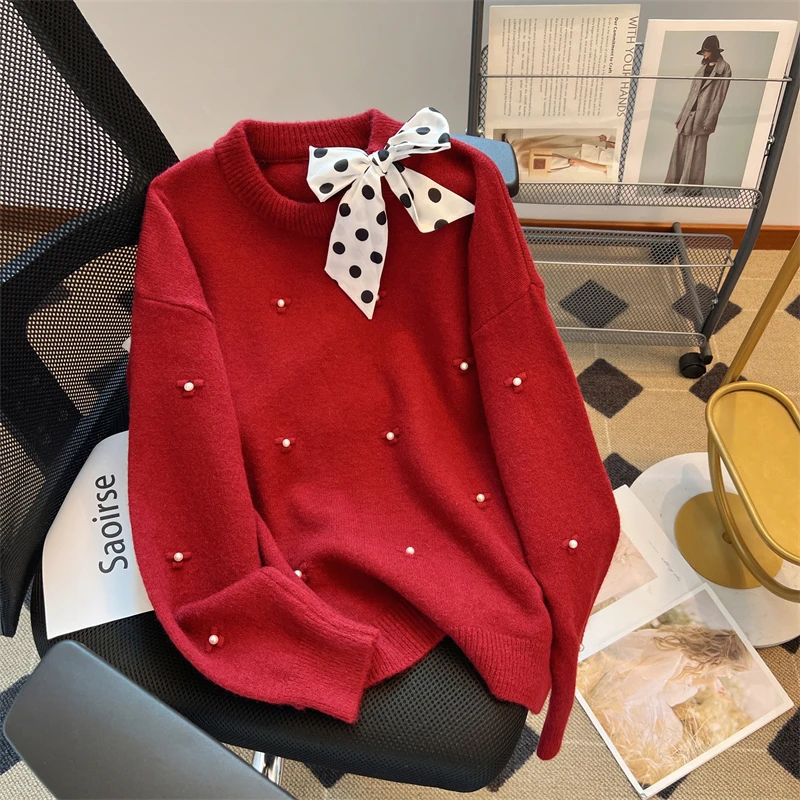 

bead work sweaters women fashion bow knot knitted tops winter soft lace up bow neck pullovers knitwear