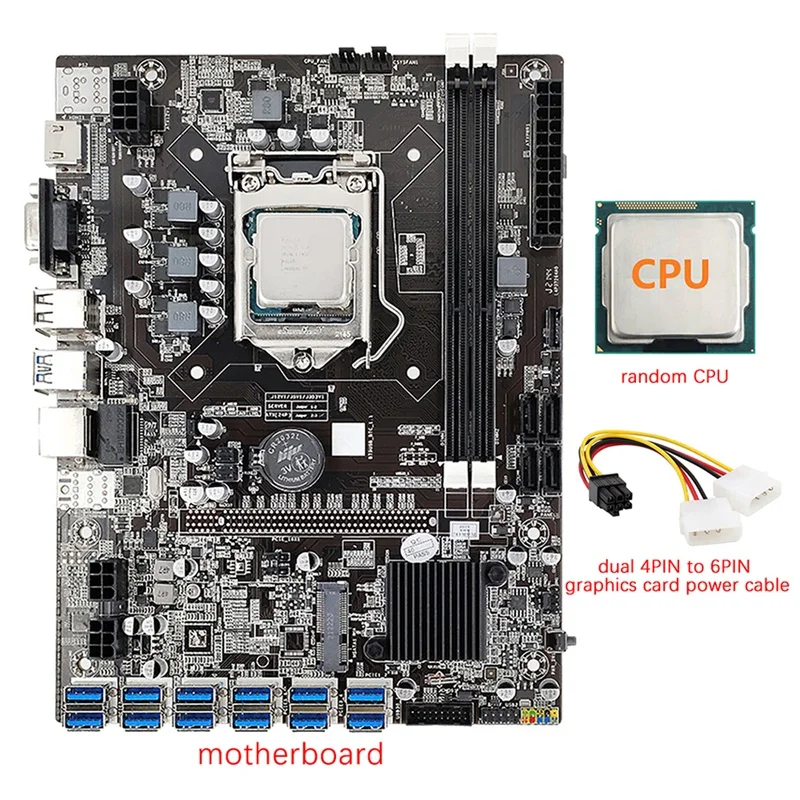

B75 12 GPU Mining Motherboard+CPU+Dual 4PIN To 6PIN Power Cable 12X USB3.0(PCIE) Slot LGA1155 DDR3 RAM SATA3.0 For BTC