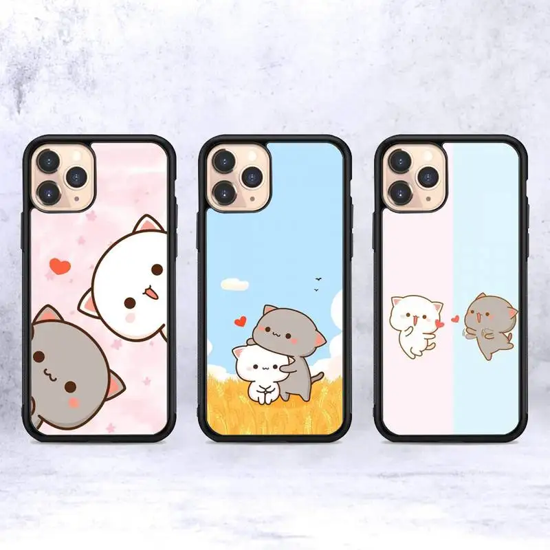 

Peach Mochi Cat Cartoon Phone Case Silicone PC+TPU Case for iPhone 11 12 13 Pro Max 8 7 6 Plus X SE XR Hard Fundas
