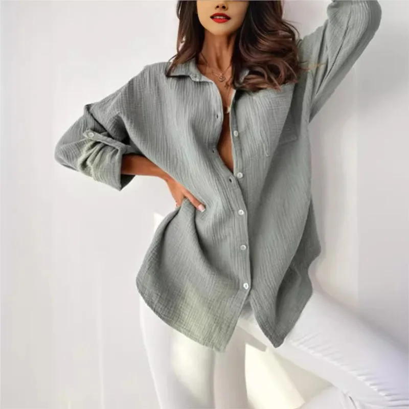 Autumn Fashion New Women's Shirt Cardigan Single Breasted Loose Pocket Office Lady Commuting Style Elegant Casual Solid T
