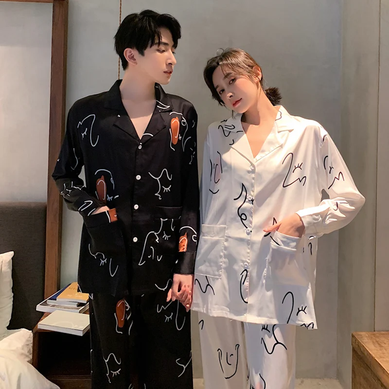 

Abstract Print Pajama Set Women Long Sleeve Spring Ladies 2 Pcs with Pants White Pijama Suit Satin Sleepwear for Female Luxury