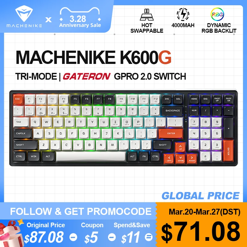 Machenike K600G Механическая клавиатура 100 клавиш Беспроводная RGB подсветка GATERON Переключатель горячей замены Bluetooth Игровая клавиатура для Mac PC