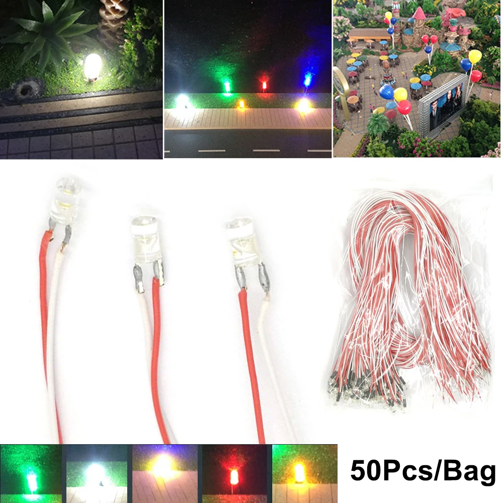 

50Pcs LED Lamp Wired Micro Litz Led Pre-soldered Wired 3V Railway Model Toy DIY Light with 30cm Wires Train Model Scenery Layout