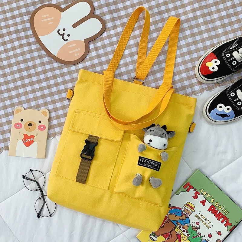 Fashion Trend Women's Bag 2022 New Canvas Shoulder Bag Cute Cow Sheep Bear Student Bag Literary Zipper Luxury Handbags Tote Bag