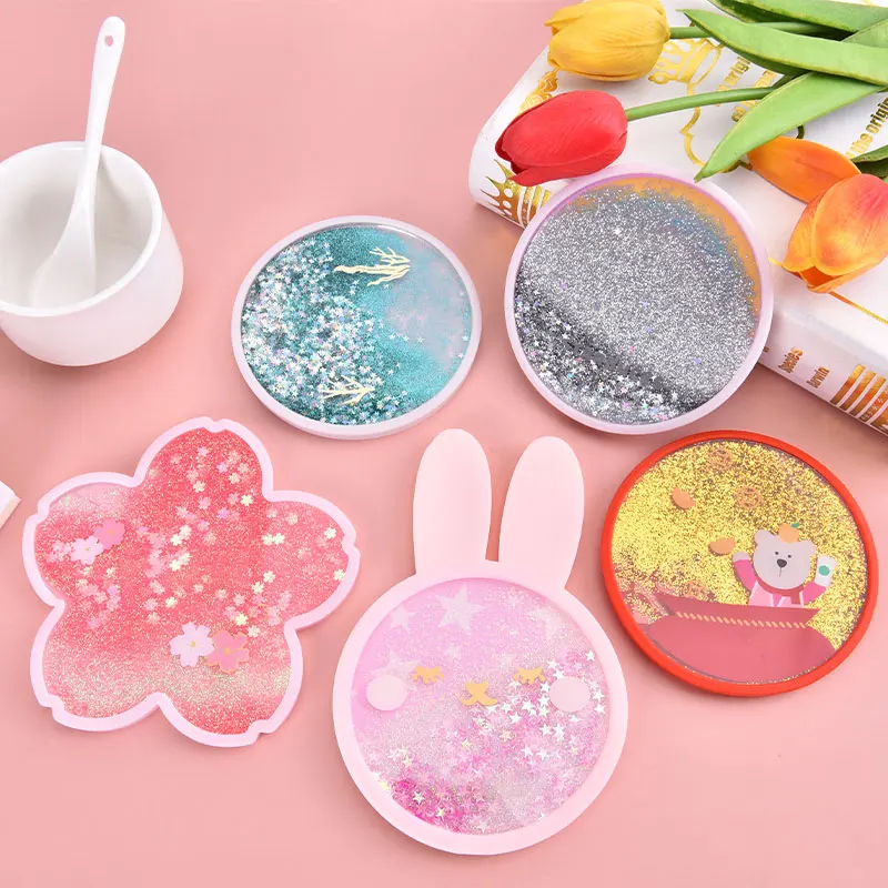 

Glitter Coasters Cute Coasters For Drinks Ocean Rainbow Sakura Coasters Flash Quicksand Flowing Coffee Cup Mat Tea Pad Placemat