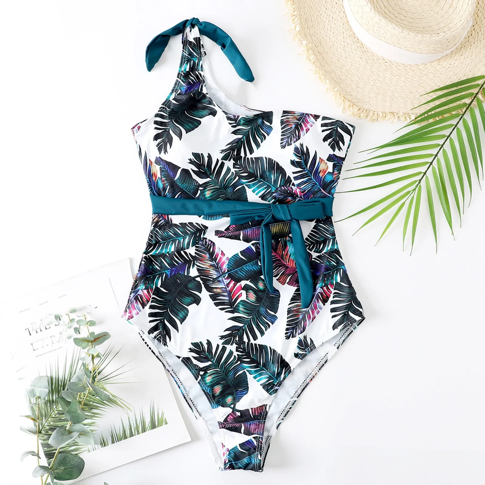

Women Leaves One Piece Swimsuit Sexy One Shoulder High Waist Push-up Swimwear