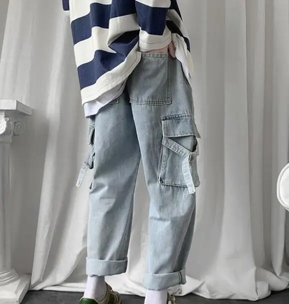 Men Jeans Straight Oversize Size Hole Ripped Street-Wear Large Pocket Elastic Waist Denim Trousers Loose Fashion Harajuku Jeans