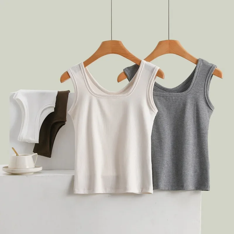 Wide Edge Square Collar Mini Tank Top Women's Summer Outerwear Inner Layer Screw Thread Covering Secondary Breast