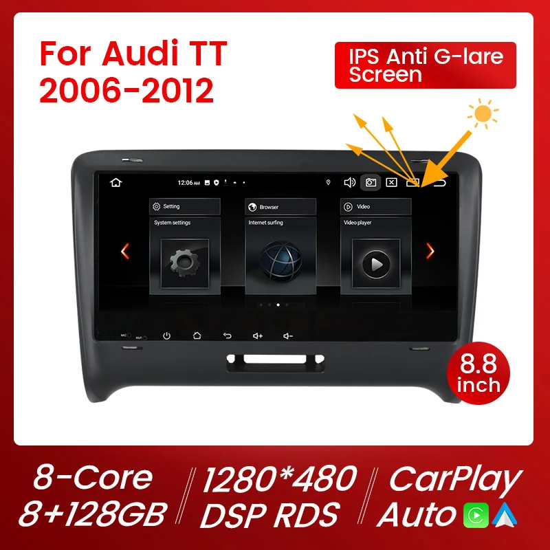 

8.8inch IPS Screen DSP RDS Carplay+Auto Car DVD For Audi TT MK2 2006-2012 8+128G Car radio stereo Multimedia Headunit WIFI 4G