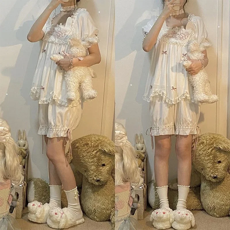 QWEEK Lolita Suits with Shorts Japanese Sweets 2 Piece Set Sleepwear Summer Kawaii Pajamas for Women Embroidery Room Wear