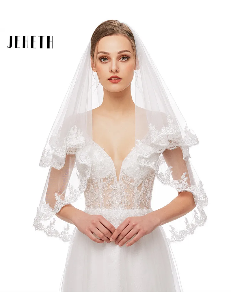 

JEHETH 2023 Lace Appliques Wedding Veils with Comb White / Ivory 2 Layers Bridal Veil Tulle Women Wedding Accessories