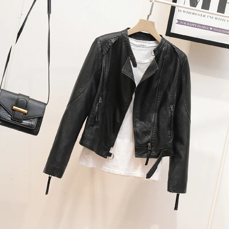 Autumn New Simple Stand Collar PU Leather Ladies Short Motorcycle Suit Slim Leather Jacket