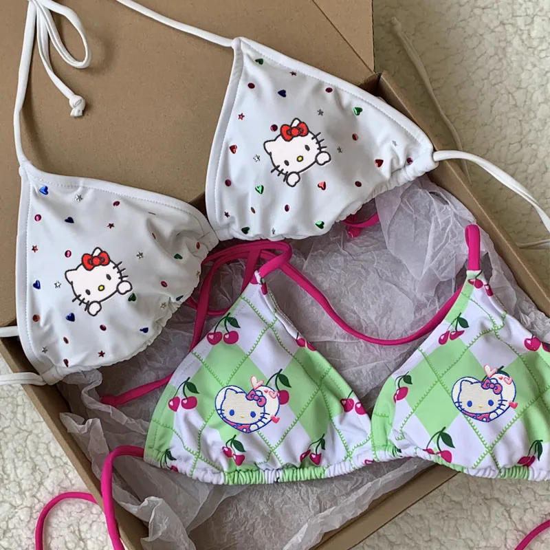 

Сексуальное бикини HelloKitty кавайная Одежда для девочек наклейки декор Мультяшные Аксессуары Нижнее белье студенческий летний Купальник Одежда для путешествий