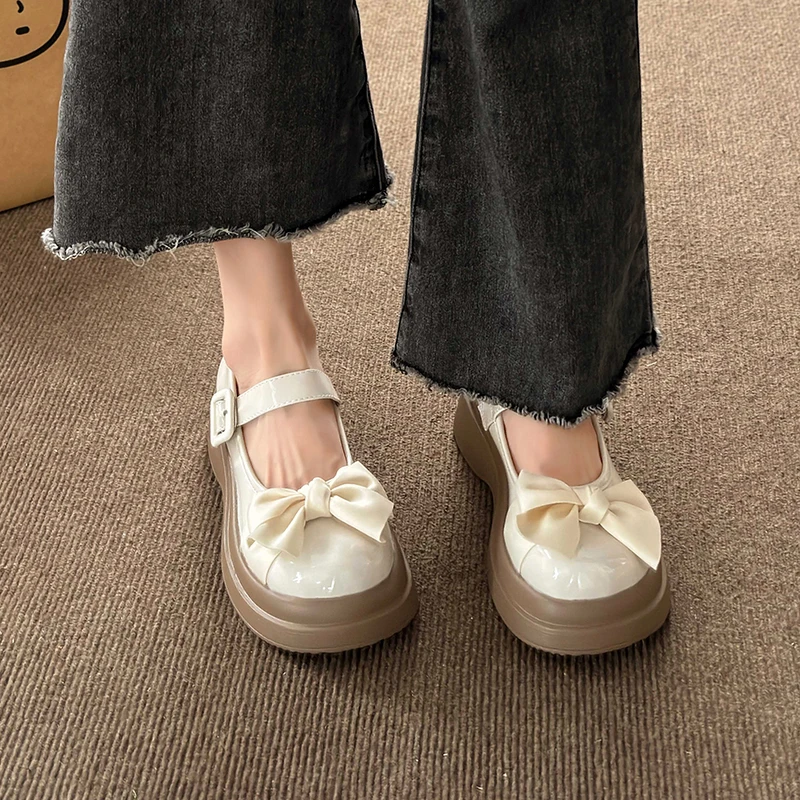

2023 Women's Shoes Mary Janes Women's High Heels Classics Casual Pumps Women Solid Bow Tie Buckle Strap Platform Shoes Female