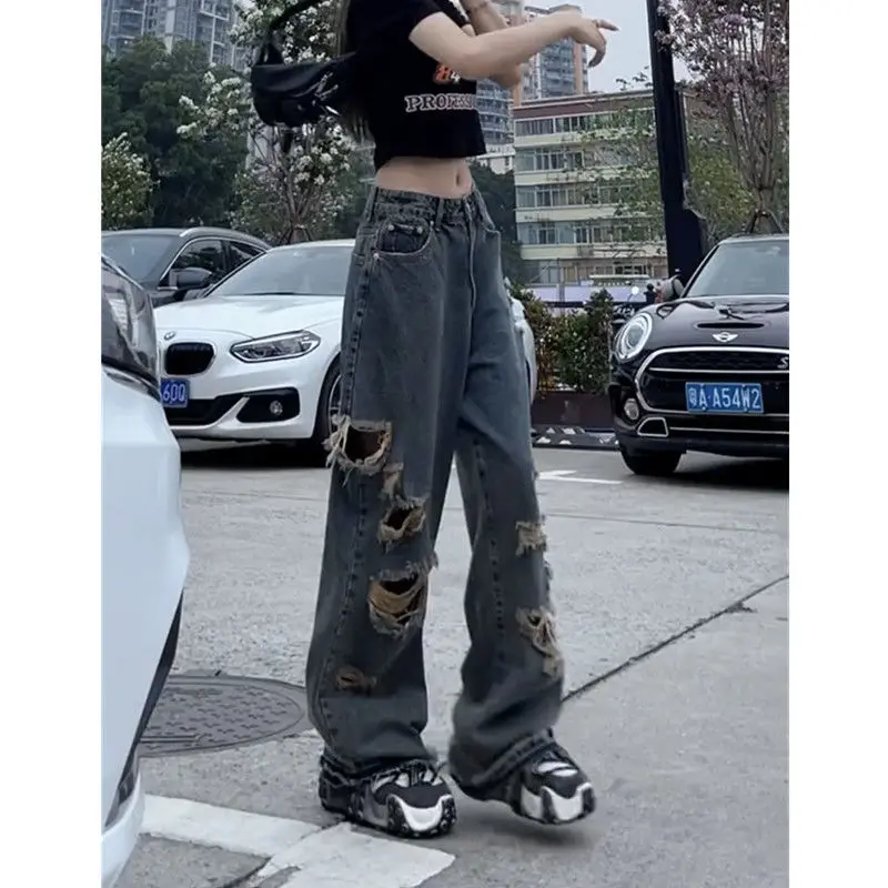 

Ripped Jeans 2022 New Straight High Waist All-match Distressed Women's Pants Streetwear Loose Wide Legs Women Fashion Jeans E130