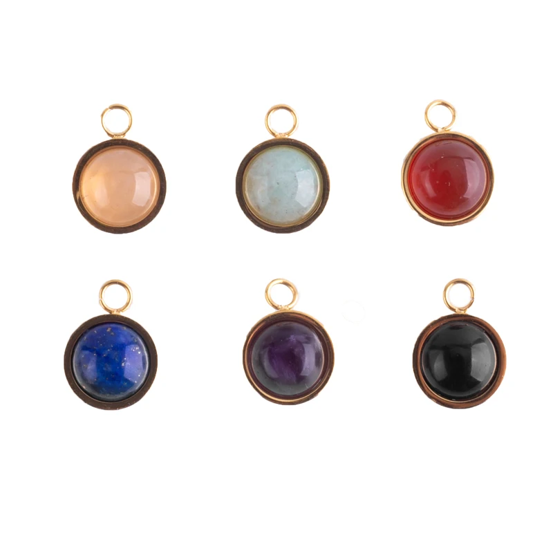 

RHYSONG Vintage Natural Crystal Stone Agate Green Aventurine Amethyst Stainless Steel Round Pendant Charms For Women DIY Jewelry