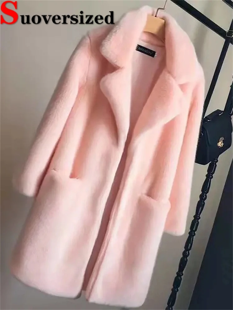 

Утолщенное плюшевое пальто из искусственного меха, зимние теплые женские пальто, Свободная Женская Повседневная куртка средней длины с отложным воротником, Chaquetas