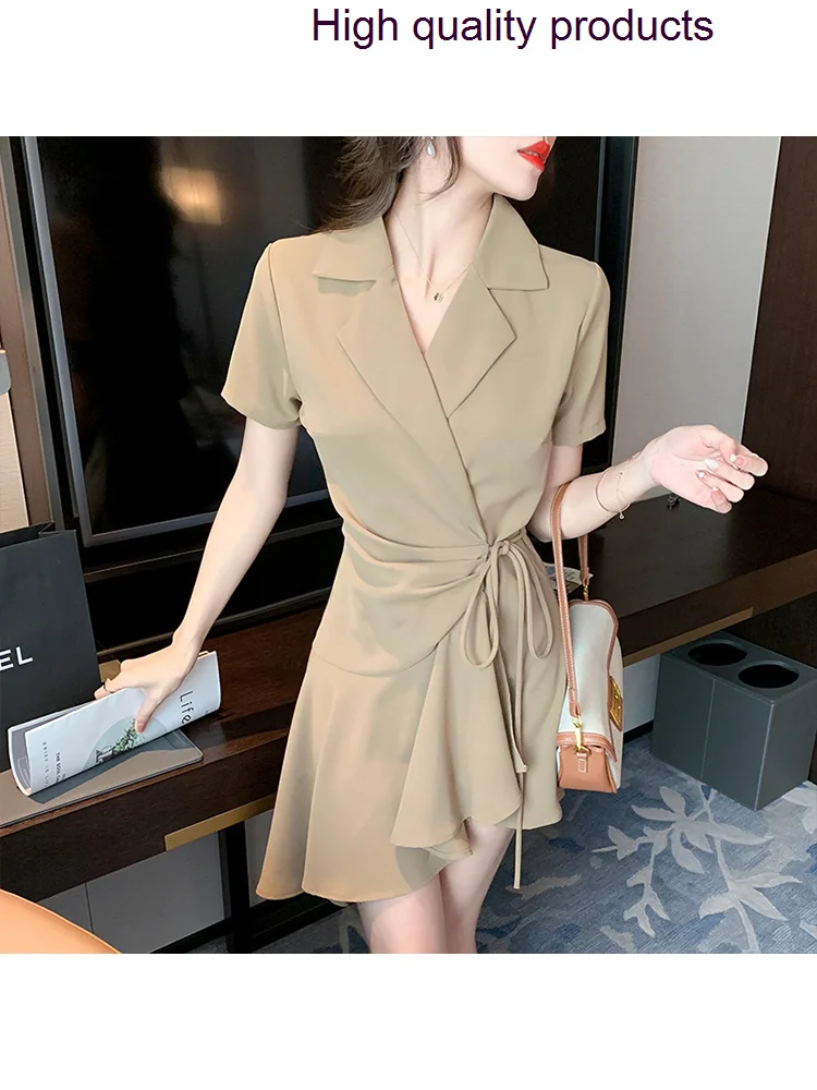 

Fashion England Solid Belt Women Spring Notched Sleeve Office Ladies Blazer Female Long A-Line Black Dress