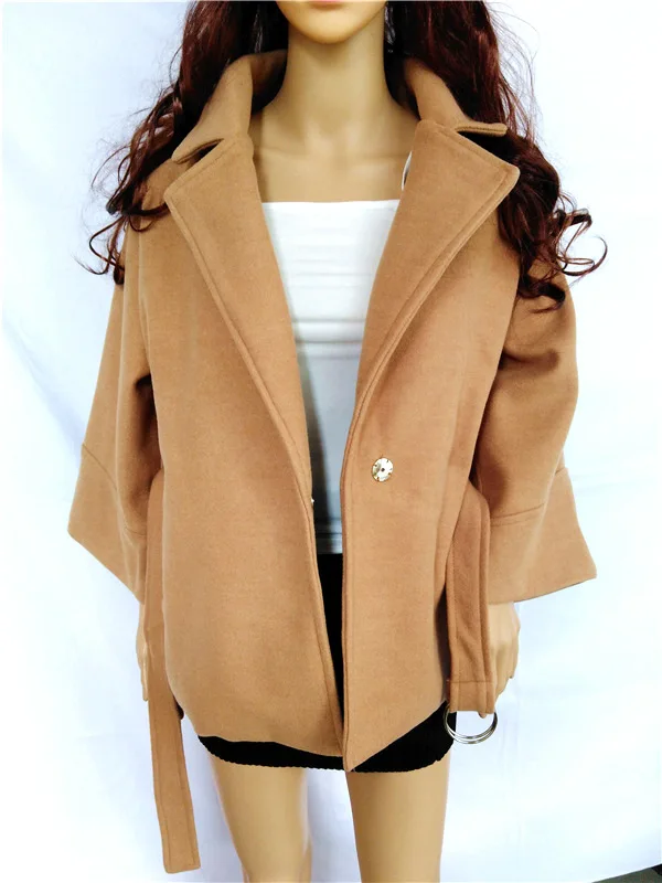 

2021 Solid Color Loose Coat Women's Khaki Lapel Top New Women Short Woolen Coat Belt Jacket Fashion Casual Ladies Short Coat