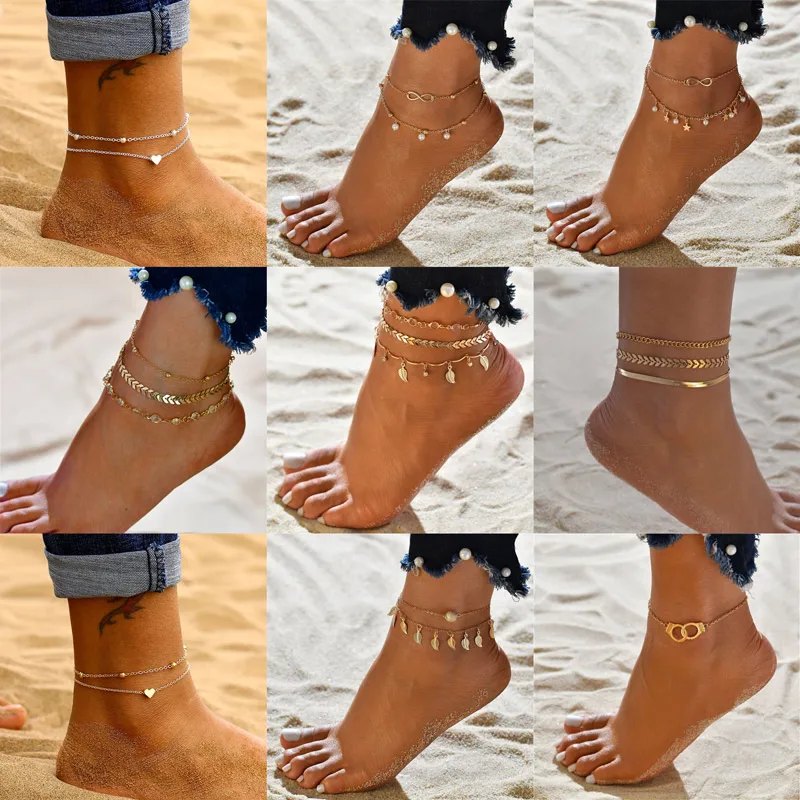 KOTiK Gold Silver Color Vintage Anklet Set For Women Multilayers Adjustable Anklet Bracelet On Leg Foot Beach Jewelry