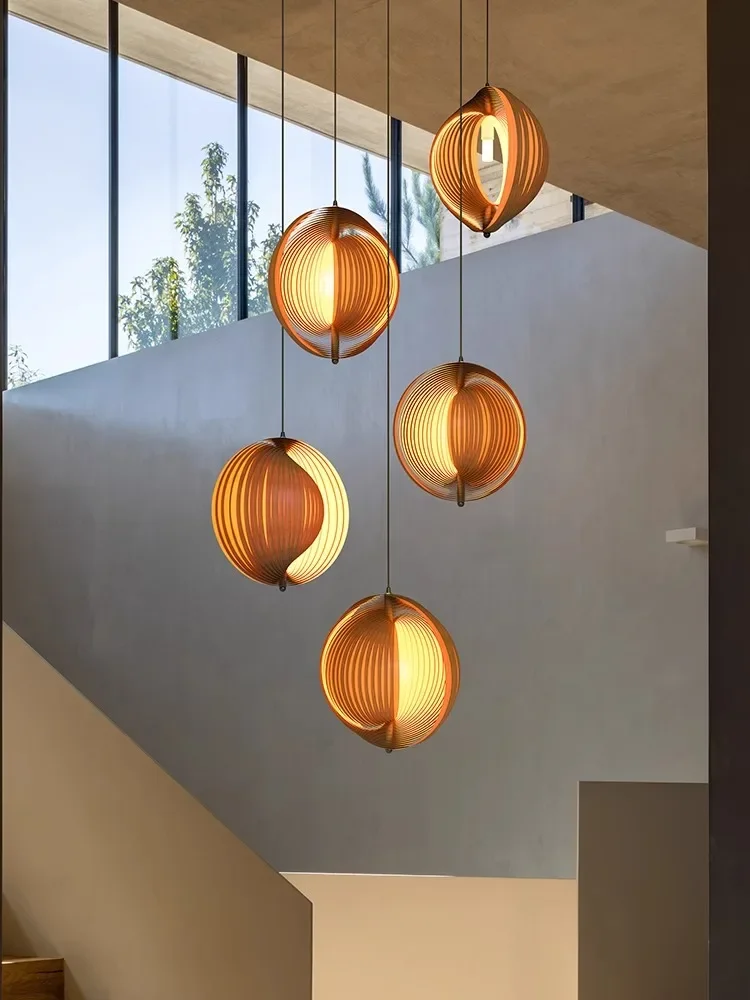 

Деревянная Подвесная лампа в стиле лофт, светодиодный светильник в стиле Wabi Sabi, домашние украшения для ресторана, спальни, гостиной, дуплексная лестница