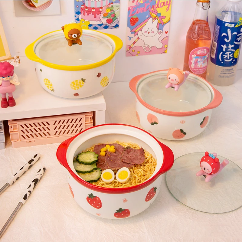 

Kawaii Ceramics Peach Ramen Bowl With Lid Cute Kitchen Large Instant Noodles Fruit Salad Rice Soup Bowl Tableware