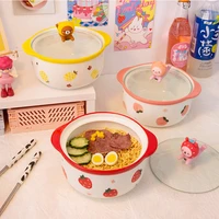 kawaii ceramics peach ramen bowl with lid cute kitchen large instant noodles fruit salad rice soup bowl tableware