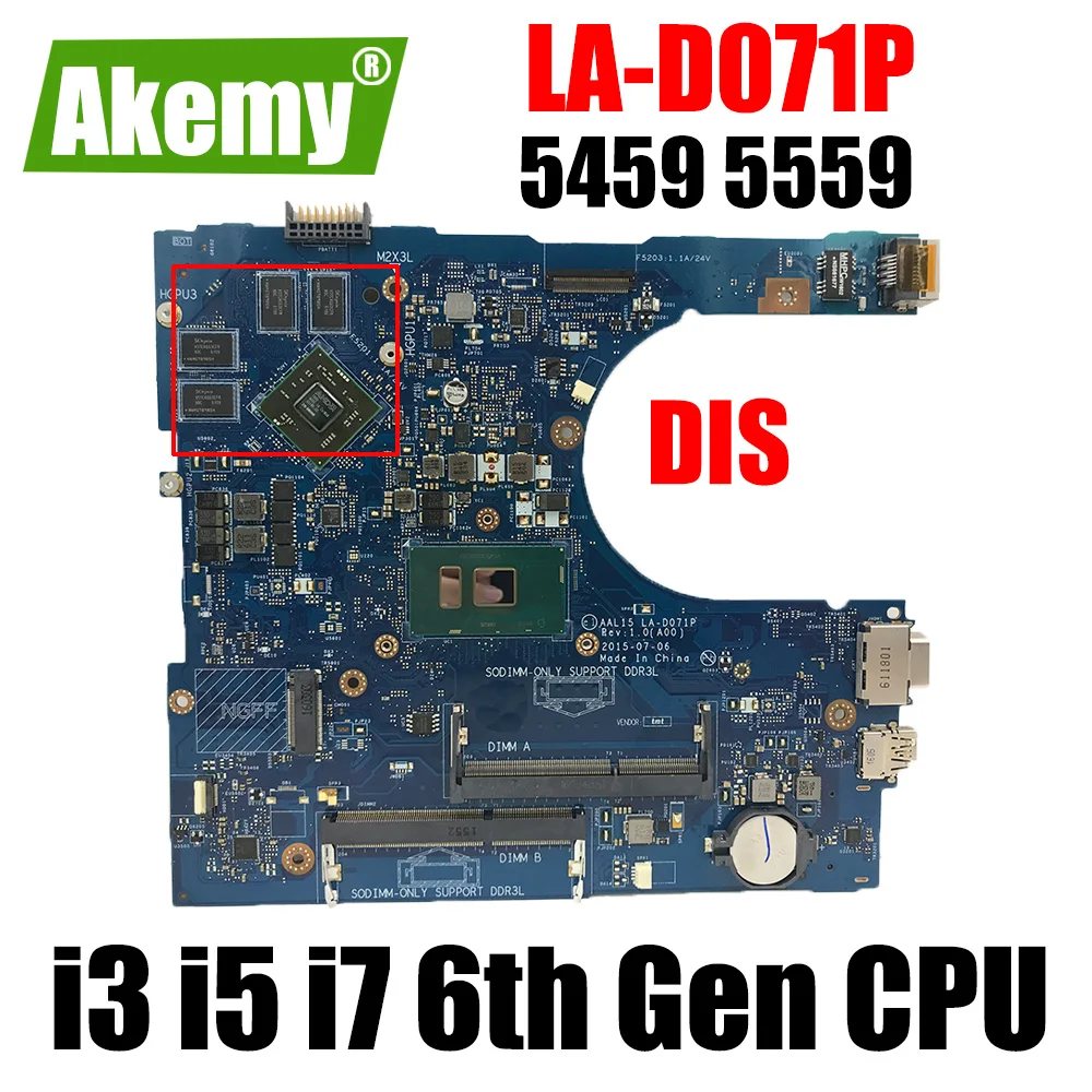 

LA-D071P i3-6100U i5-6200U i7-6500U FOR dell Vostro 14 3459 15 3559 Series Laptop Motherboard CN-085Y8T 0P2C6J Mainboard VGAport