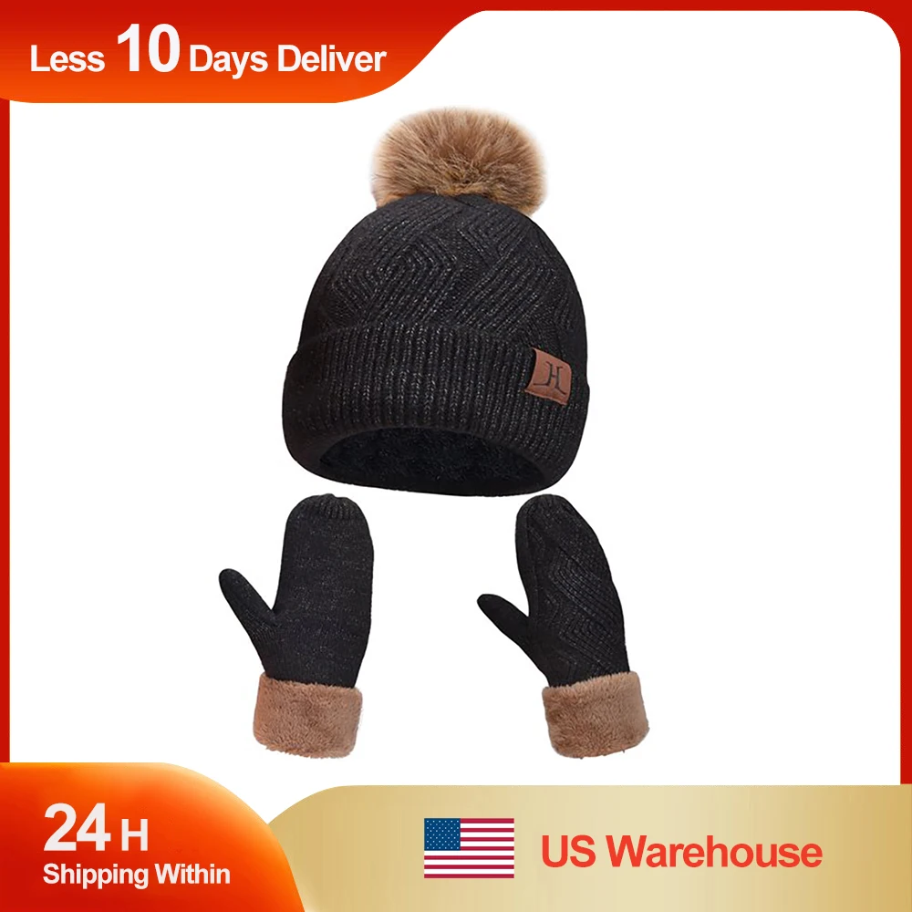 

Winter Warm Beanie Hat Gloves Set Soft Skull Cap Mitten Sets for Men and Women with Knit Fleece Lined