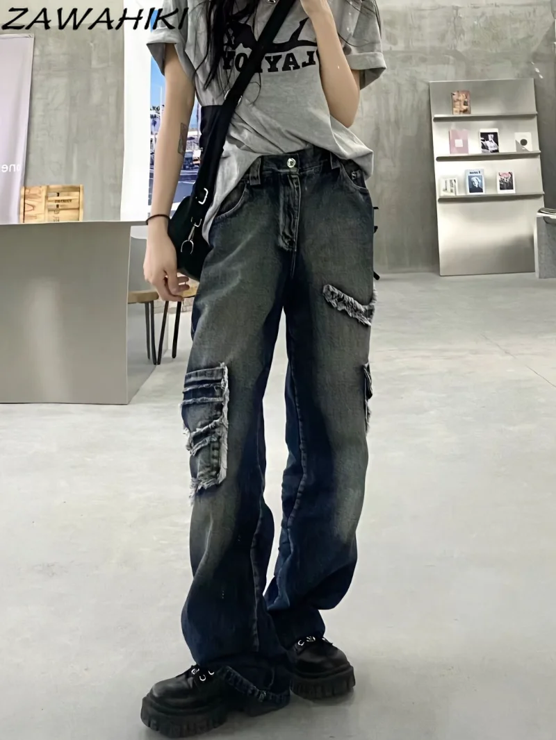 

American Retro Washed Solid Color Distressed Women Jeans High Street Chic Designed Hiphop Loose Straight Wide Leg Streetwear