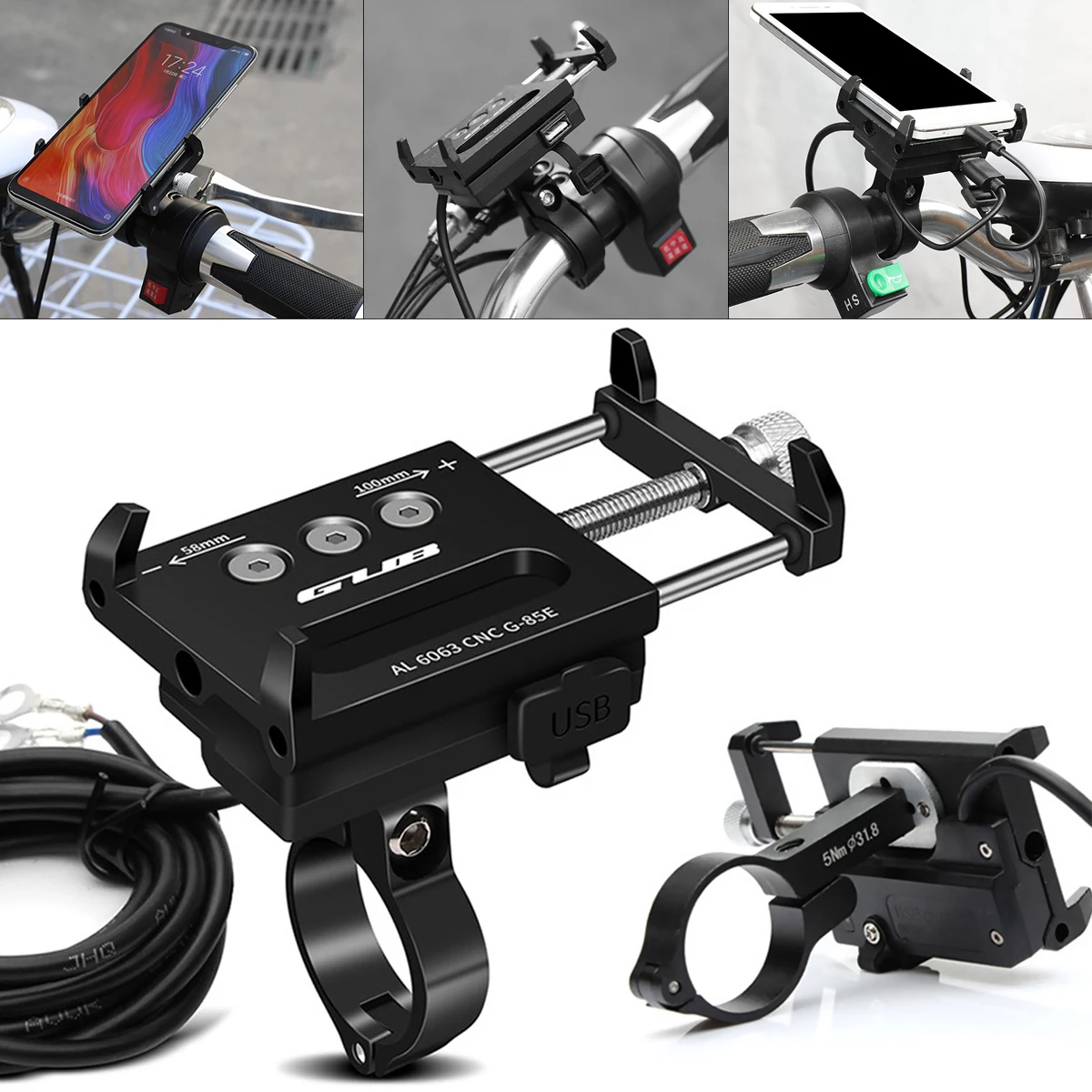

Universal 12-24V Motorcycle Mobile Phone Holder Adjustable Electromobile Electromobile Bike Handlebar Stand Bracket USB Charging