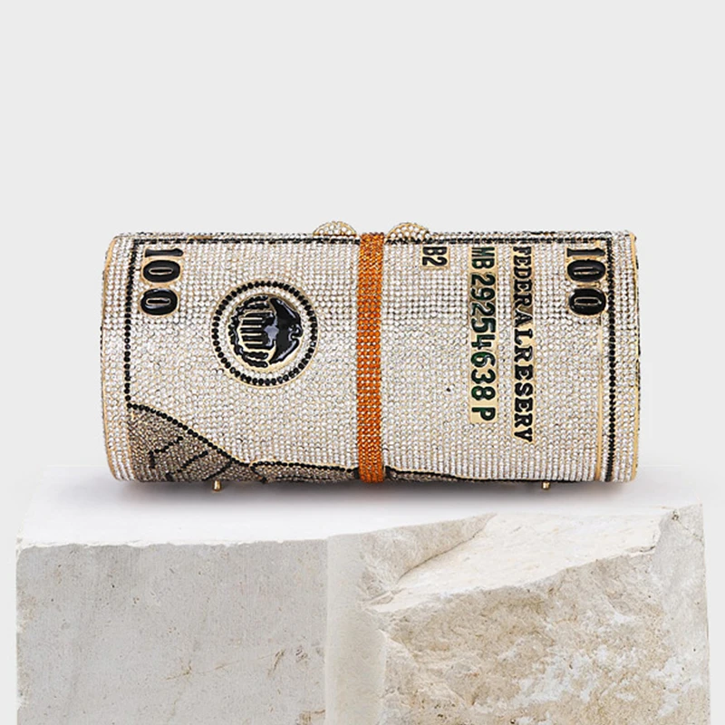 Цилиндрические деньги 100 долларов США, женские вечерние клатчи с бриллиантами, лучшие дизайнерские свадебные сумки через плечо с кристаллами, маленькие кошельки для вечеринки и выпускного Цилиндрические деньги 100 долларов США, женские вечерние клатчи с бриллиантами, лучшие дизайнерские свадебные сумки через плечо с кристаллами, маленькие кошельки для вечеринки и выпускного