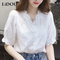 summer chic elegant white lace shirt v neck flower edge embroidery puff sleeve cotton blouse korean style top women sweet blousa