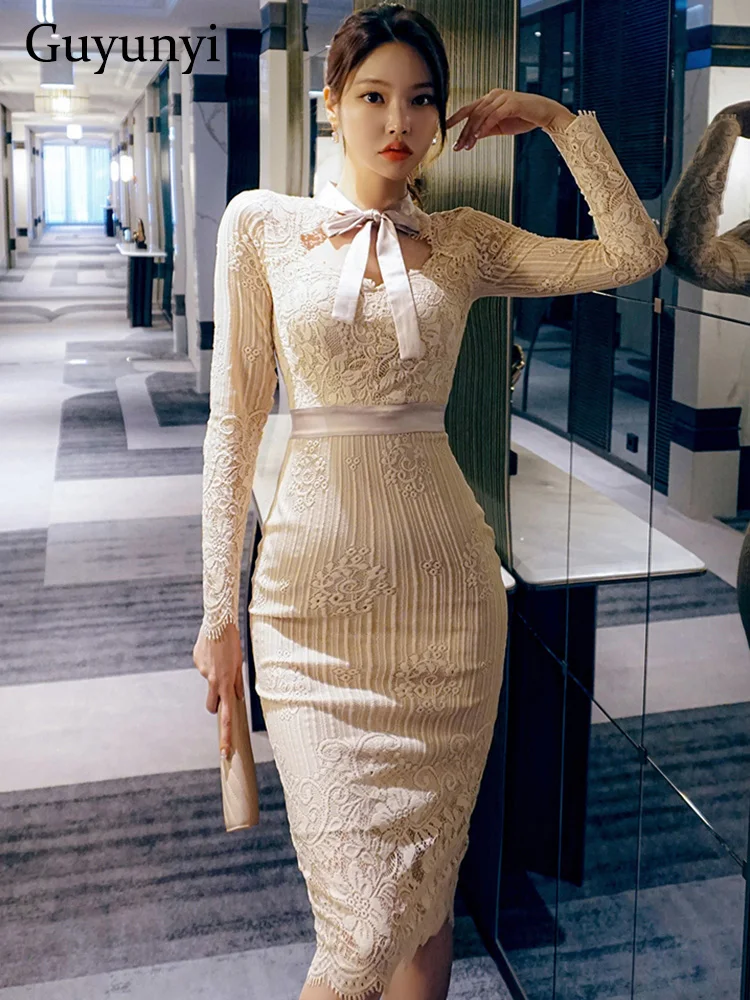 

Elegant Party Dress Summer Solid Lace O-Neck Bow Sexy Hollow-Out Full Sleeve High Waistline Slim Temperament Office Lady Dress