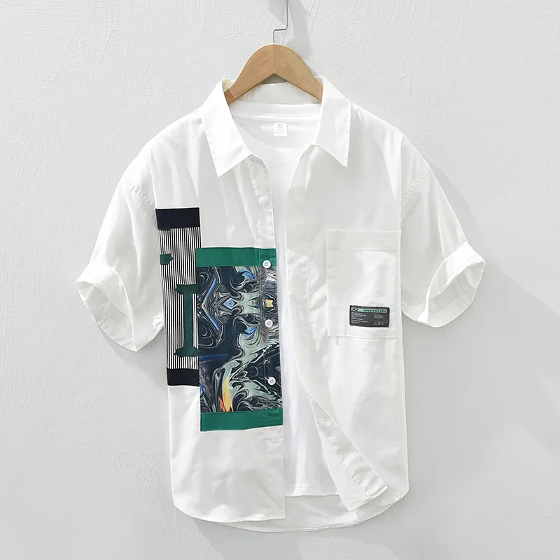 

Мужская рубашка с коротким рукавом и абстрактным принтом, летняя хлопковая Повседневная рубашка с коротким рукавом, модная цветная контрастная Свободная рубашка, модное пальто