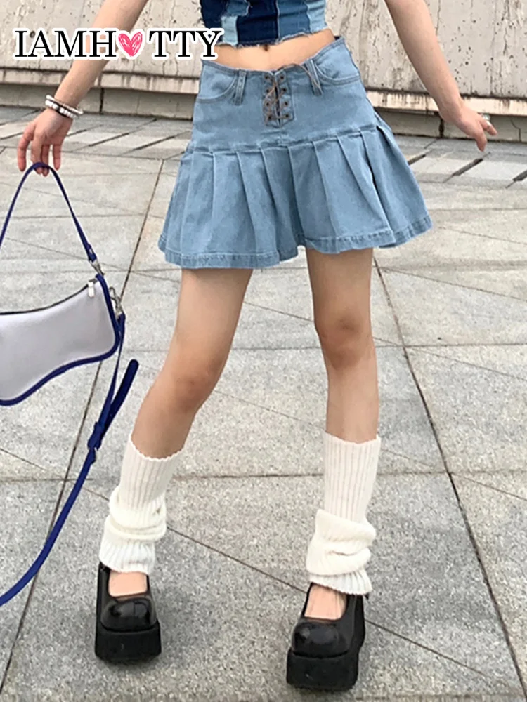 

IAMHOTTY Lace Up High Waist Pleated Denim Skirt A-line Sweet Mini Skirts Korean Fashion Kawaii Outfit Preppy Style Skirt 2000s