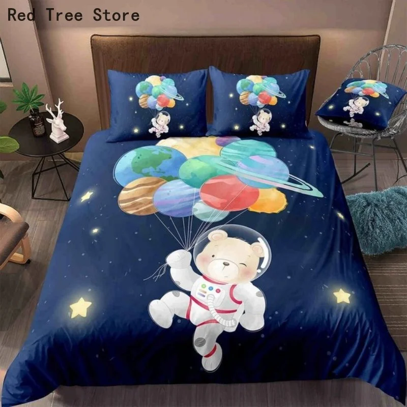 

Пододеяльник с изображением медведя астронавта в космосе, одеяло, мультяшное животное, воздушный шар, Комплект постельного белья для детей, подарок для маленьких девочек, покрывала