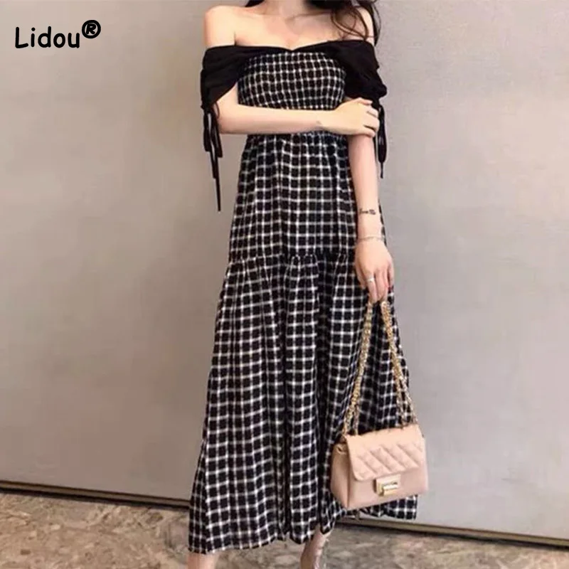 Купи Summer Women Clothing Vintage Fashion Plaid Printing Sleeveless A-line Skirt Sexy One Word Collar Lacing Slim Waist Long Dress за 1,058 рублей в магазине AliExpress