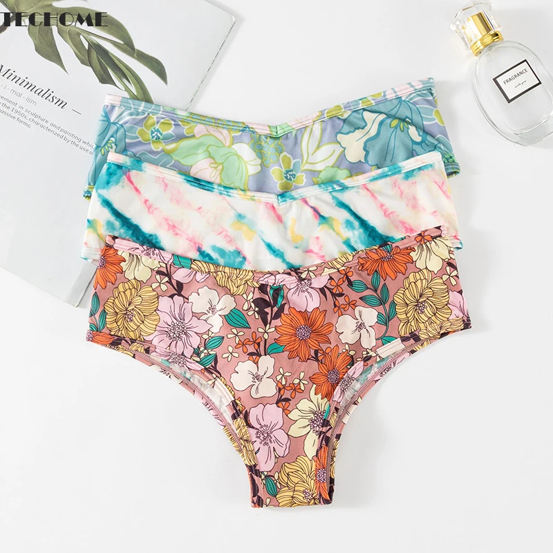 

TECHOME Women New Sexy Patchwork Thongs Women's Ice Silk Briefs No Trace Underwear Ladies Tie-dye Satin Invisible Sports Panties