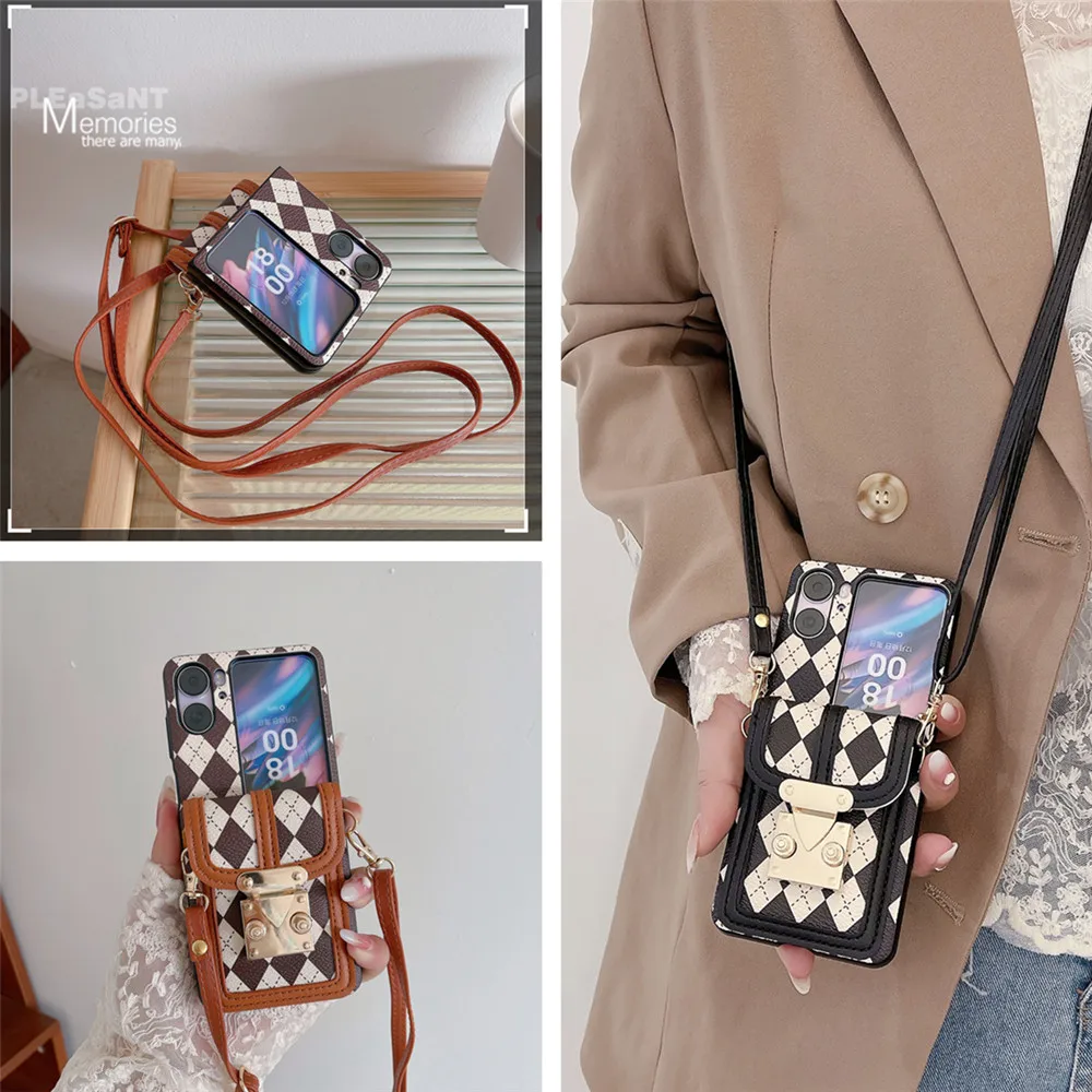 

for OPPO Find N2 Flip Case Luxury Classic Diamond Lattice Pattern Lanyard Strap Leather Card Holder Full Protective Back Cover