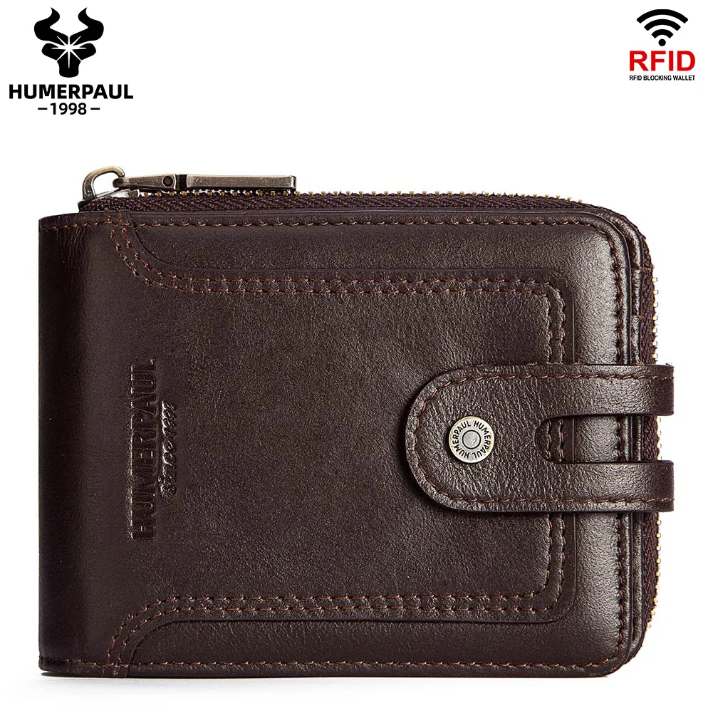 

HUMWEPAUL Genuine Leather Short Wallet RFID Business Card Holder Zipper Coin Purse Large Capacity Clutch Portfolio Homme 2022