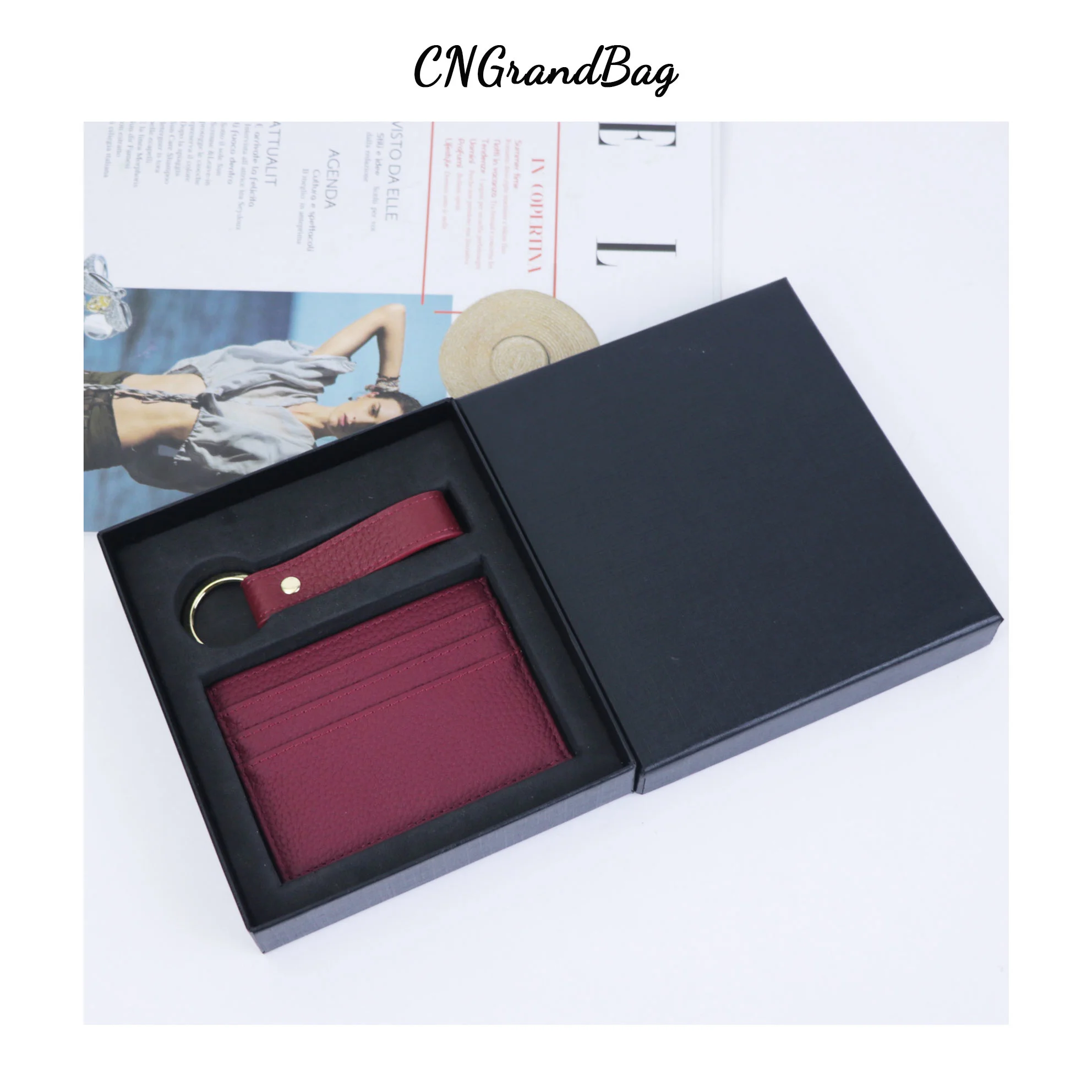 Free Customizable Hot Stamping Name Genuine Leather Cardholder Key Ring Gift Box Set