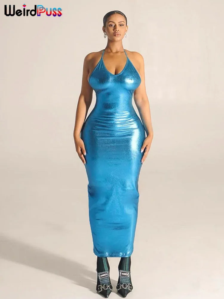 

Женское блестящее платье-макси с открытой спиной и V-образным вырезом