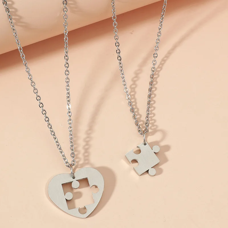 

Stainless Steel Puzzle Love Necklace Fashion Simple Couple Friendship Pendant Stainless Steel Jewelry Women 2022