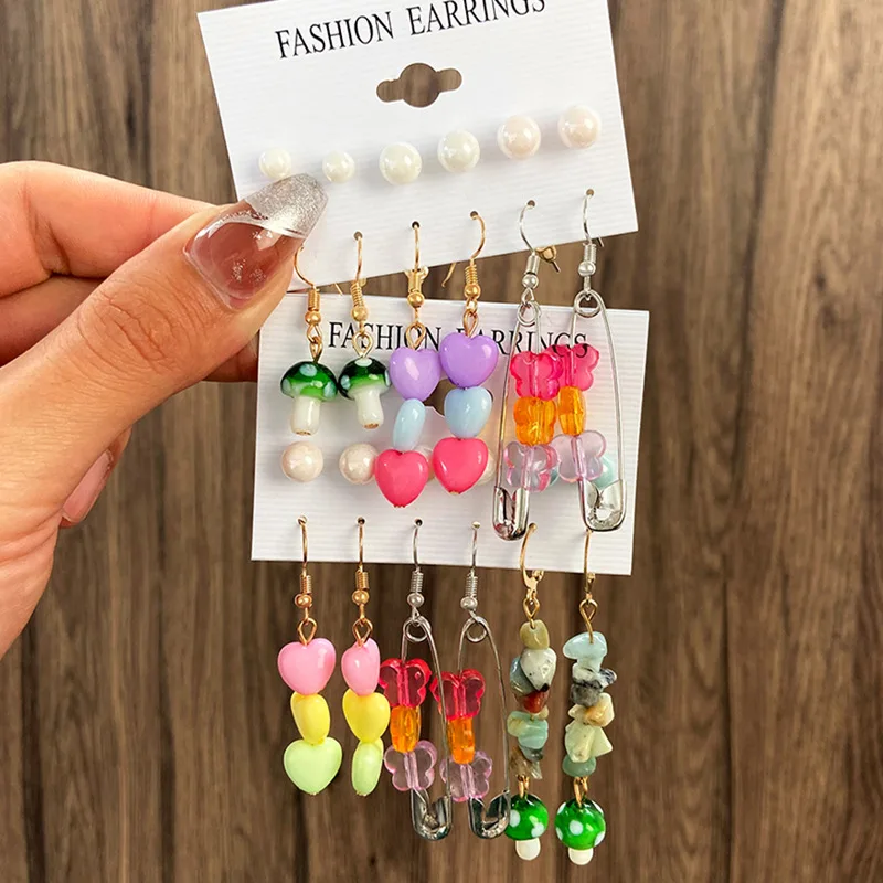 

Color Butterfly Love Earrings Set for Women Korean Pearl Flower Mushroom Drop Dangle Earring Aesthetic Jewelry Pendientes