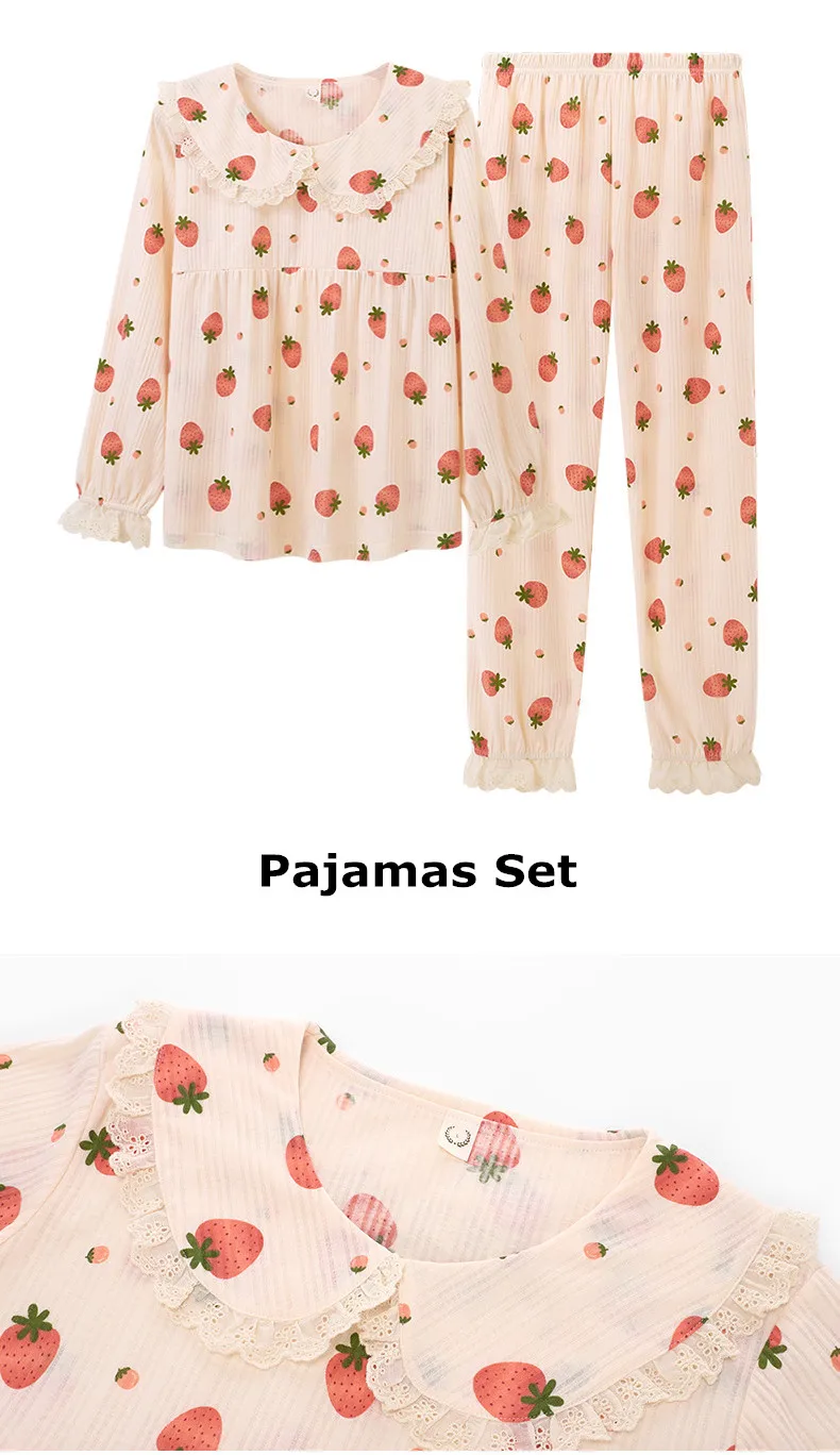 Yasuk Spring Autuum Fashion Women's Casual Print Lace Sleepwear Homewear Lovely Sweet Pajamas With Pants Soft Strawberry