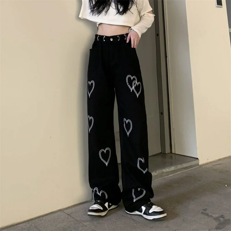 Streetwear Fashion Women Black Wide Leg Jeans Spring Autumn Korean Casual Pants Hip Hop Harajuku Caring Loose Straight Trousers
